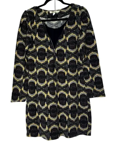 Aryeh Anthropologie Geometric 1/4 Zip Warmer Sweater Dress Tan Gray Black Medium