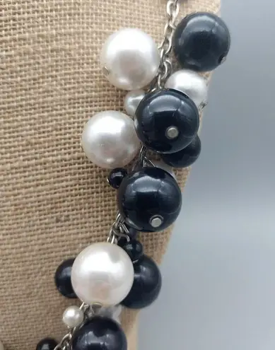 Black & White Cluster Ball Bead Collar Necklace Black Faux Suede & Silver Tone