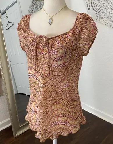 Early 2000s Orange Pink Floral Flower Babydoll Milkmaid Cottagecore Blouse Top L Size L