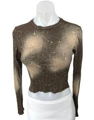 La Luxe Brown Tie Dye Galaxy Print Rib Knit Long Sleeve Crop Sweater Top Size S