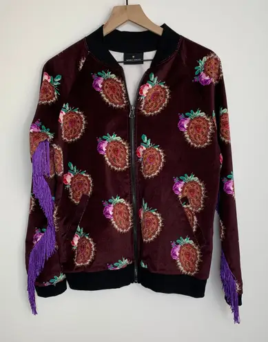 Moon & Nomad Mixed Emotions Velvet Bomber Jacket Burgundy Purple Fringe Medium