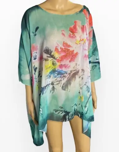 Missy Plus Floral Chiffon Caftan Poncho/ Coverup OS Green Size undefined