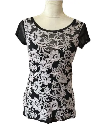INC Illusion Mesh Overlay Floral Print Top Size S Black Short Sleeve Whimisgoth