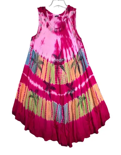 Tie Dye Palm Tree Dress Free Size Sleeveless Casual Summer Beach Cover Up Bright Pink Size L