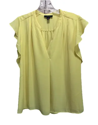 Alfani Yellow Chiffon Round/Split Neck Blouse Size S Short Flutter Sleeve Lined