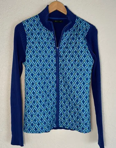 For Cynthia Blue Knit Sweater Quilted Vest Full Zip Front Nautical Preppy Coastal Yacht