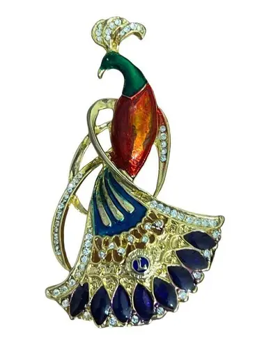 Vintage 1980s Canada Large heavily Gold plated Enameled Peacock Brooch Excellent