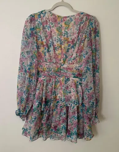 Hello Molly  purple, blue & white floral v-neck long sleeve mini dress size 4