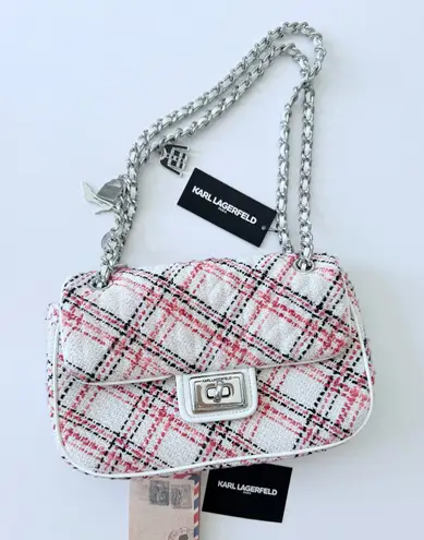 Karl Lagerfeld Paris Agyness Pink Plaid Tweed Shoulder Bag Chain Strap Purse New