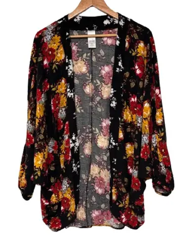 Time and Tru Fall Floral Print Dolman Sleeve Open Front Kimono Rayon Size OS Red