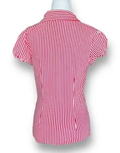 Tatyana Top Cherry Red White Vertical Striped Bow Detail Keyhole Puff Sleeve