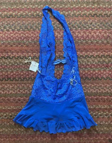 Frederick's of Hollywood NWT BLUE STRETCH LACE HALTER THONG MINI DRESS