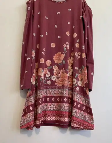 Derek Heart Mauve Pink Floral Border Print Cold Shoulder Long Sleeve Shift Dress