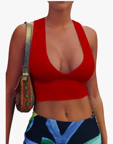Amazon Red low v cut crop tank top 