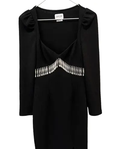 Saylor Alina Ribbed Imitation Pearl Fringe Long Sleeve Midi Dress (S)