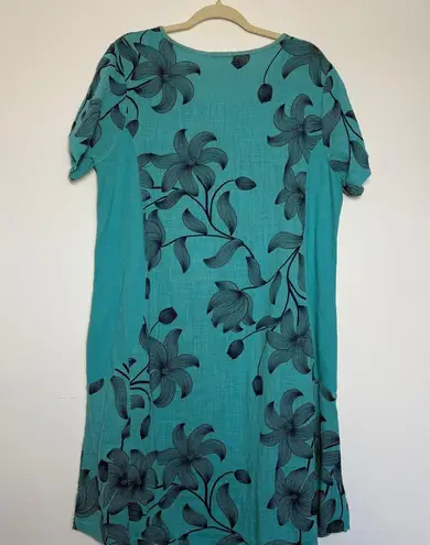 Beyond Capri Dress Women L Blue Black Floral Linen Lagenlook Coastal Vacation Size L