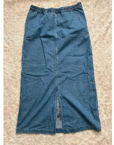 Vintage Keren Hart Small Jean Denim Maxi Skirt Floral Embroidered Leather Trim Black