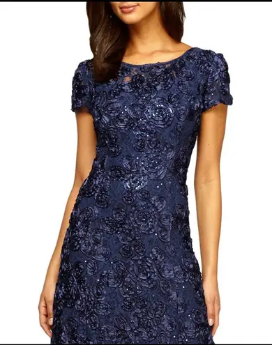 Alex Evenings Navy Sequin Floral Lace Gown - Size 8 (New)