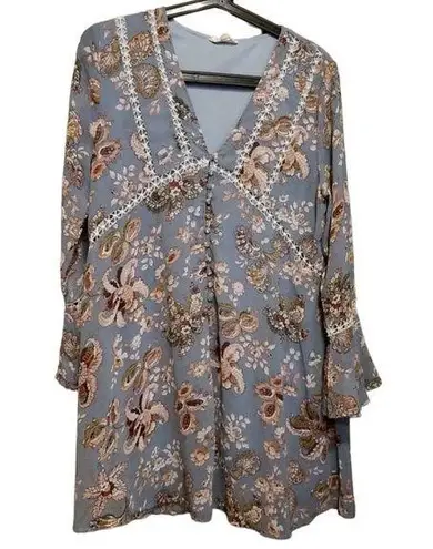 Entro  Dress Size S Blue Floral Pattern Boho V Neck Flutter Bell Long Sleeve Cute