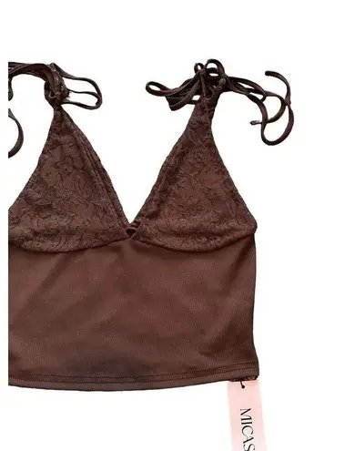 Micas  Women's Large Brown Patchwork Lace Tie V-Neck Cami Comfy Top