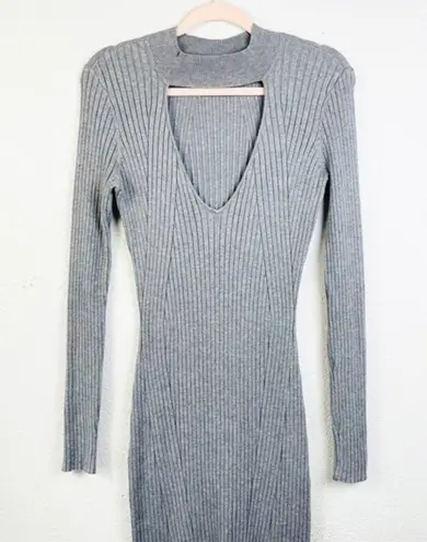 Kendall + Kylie  Gray Ribbed Long Sleeve Keyhole‎ V Neck Sweater Dress Medium