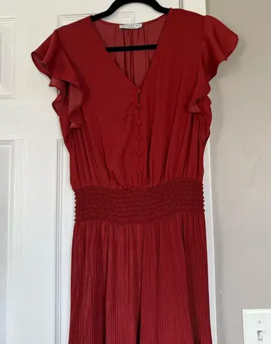 Current Air Smocked Pleated Jumpsuit Satin Women V-Neck Orange Rust Cap Sleeve