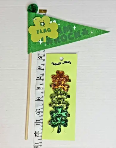 6 Glitter Green & Orange Clover Hair Clips And You Sham Rock Flag New!
