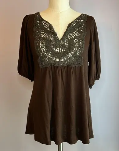 Dark brown crocheted lace bib front elbow puff sleeve top Size L