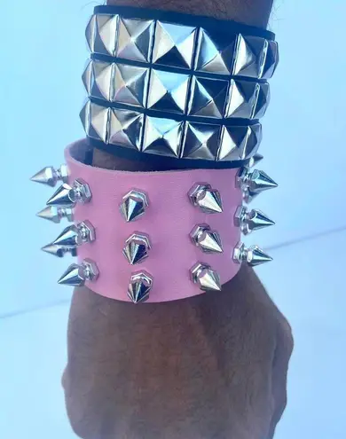 2 pcs Gothic PU leather Studded Spike bracelets , Pink and Black Punk Grunge wristbands , Multiple