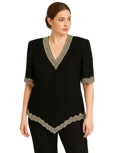 Laurence Kazar VTG Plus Size 1X Beaded Top Party Cocktail Blouse Black 749
