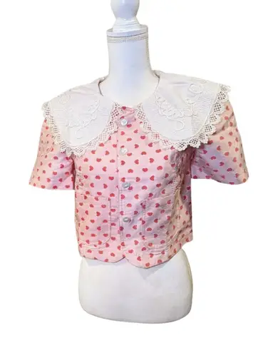 New Sister Jane Heart Jacquard Cropped Blouse, Size S Pink