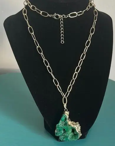 Dyed Green Quartz Geode Free Form Gold Trim Pendant On Paperclip Chain Necklace