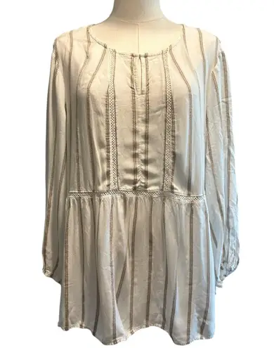 Fever Women's Tunic Blouse Top SZ XL Peasant Sleeve Cream Crochet Stripe Boho Brown