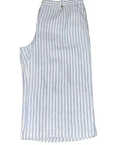 Ellen Tracy Blue~White Striped Linen Pull-On Culottes Wide Leg Pants Pockets L