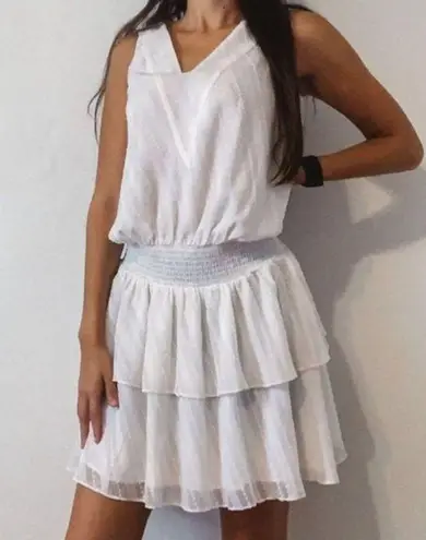 Ramy Brook Carl Deep V-Neck Smocked Tiered Textured Ruffle Mini Dress Ivory