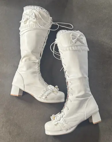 Womens White Faux Lace Up Boots Zip Up Knee High Ruffle Bows Cosplay Size 11 NEW
