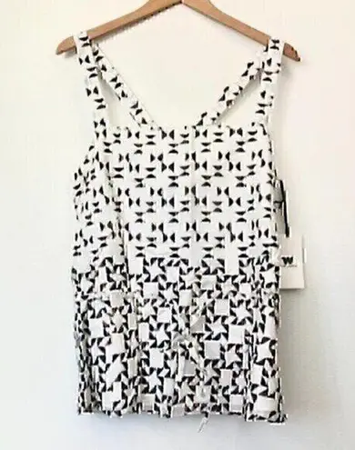 W By Worth NEW NWT Off White Black Border Print Criss Cross Strap Blouse Tank 10
