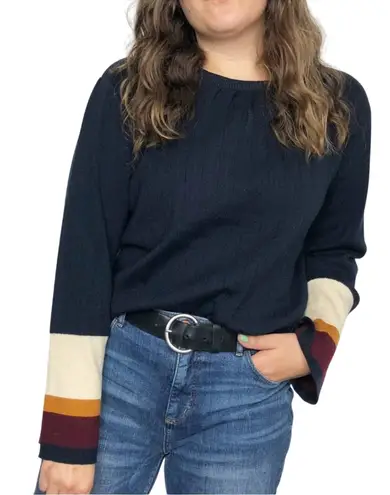 CLICHÉ Navy Wool Blend Sweater Small | Trendy Pleated Bell Sleeve Pullover Blue