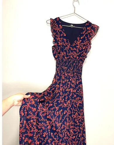 Slate + Willow Navy Smocked Waist Red Orange Printed Florals Dress Size XS