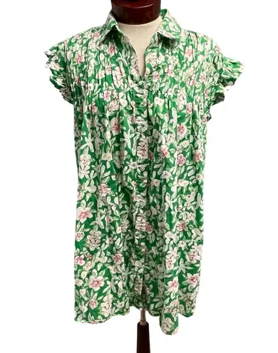 Fate Green Floral Dress Size Small Short Lightweight Cotton Ruffle Sleeve