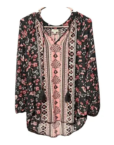 Mason & Belle “Caseey” Gauze Floral Mixed Print Split Collar Tassel Detail Top M