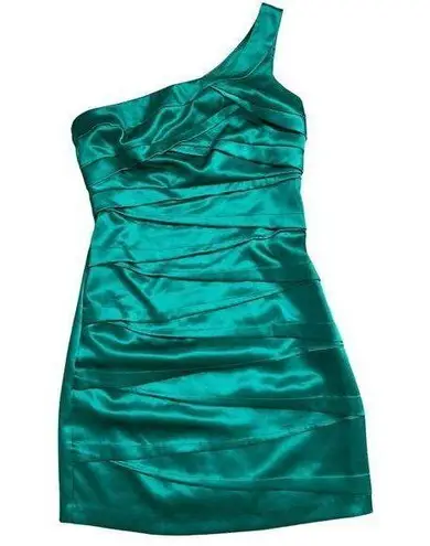A Byer A. Byer Sz 5 S Green Satin Stretchy Cocktail Mini Dress Assymetric One Shoulder