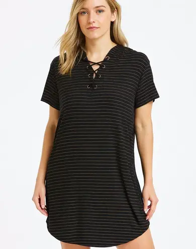 TIME AND TRU NWT Women's Large Black Striped Hooded Tunic Dress Lace Up cover up