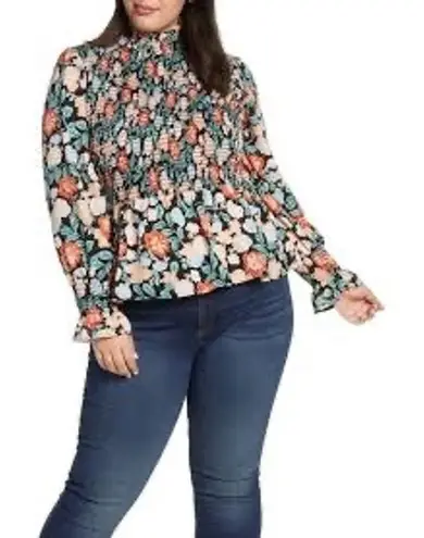 Gibson Smocked Mock Neck Floral Long Sleeve Peplum Blouse XS Black Coral Blue