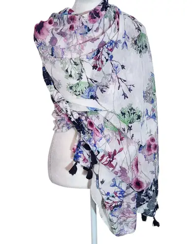 Kitara Purple and White Floral Print Wrap Scarf with Tassels NWT One Size