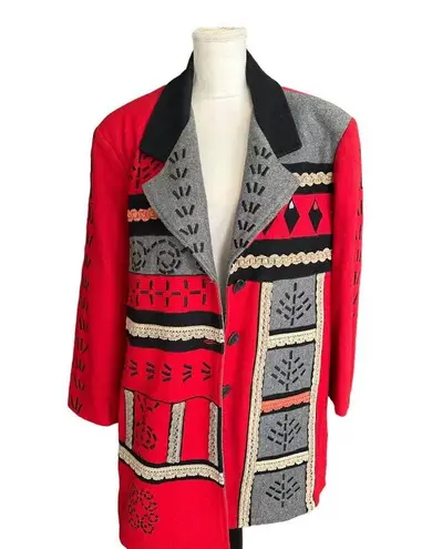 Anthony Mark Hankins Colorblock Wool Blend Coat With Embroidery & Lace Trim Sz3x Red Size 3X