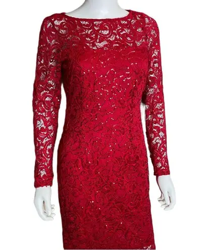 Marina Round Neck Ruched Side Sequin Lace 3/4 Sleeve Sheath Dress Red Sz 6