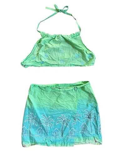 San Spirit Halter Top Skirt Set Embroidered Tropical Palm Trees Design Sz Small