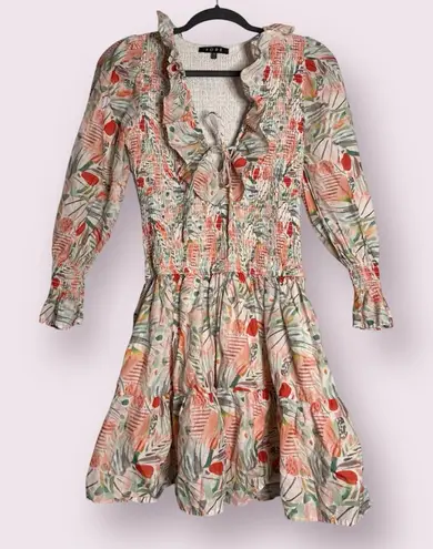 FORE Floral Ruffle White Orange Smocked Long Sleeve Dress Medium