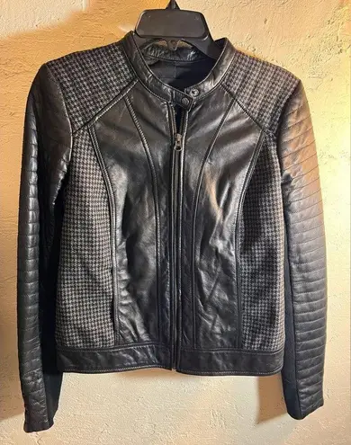Trouve Black Quilted Bomber Jacket leather houndstooth zip up moto classic S